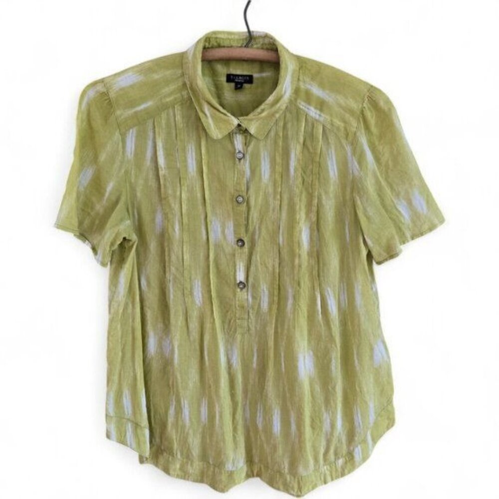 Talbots Womens Green Tie-Dye Button-Front Short Sleeve Blouse Medium